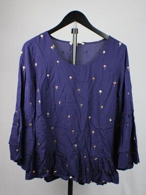 Solitaire Navy Blue Gold Metallic Palm Tree Bell Sleeve Ruffle Blouse - Small